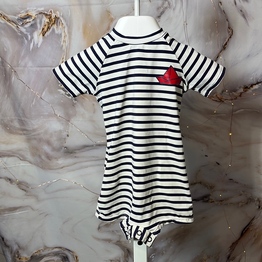 Bout'chou Baby Nautical Rash Guard Navy Blue Striped With Sailboat 3 month